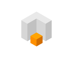 Cube logo, geometric vector design. Box logotype company, trendy tech emblem in pixel style.