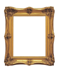 Ornate golden frame designed for showcasing art or photos, isolated on a transparent background. PNG