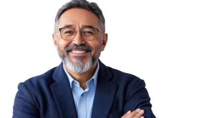 Smiling man with glasses poses confidently in navy blazer, isolated on a transparent background. PNG