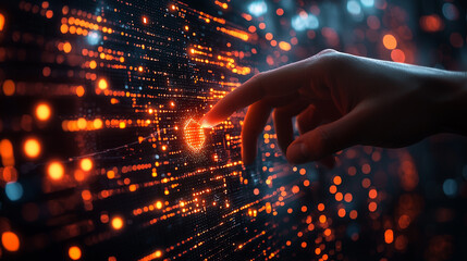 Exploring the Digital Frontier: A Hand Interacts with a Glowing Data Network, Representing Technological Advancement and Global Connectivity