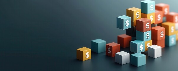 Obraz premium Colorful blocks with dollar signs create a dynamic financial theme, suggesting growth and investment concepts on a dark background.