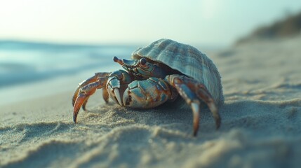 A vibrant hermit crab emerging from its shell on a sandy beach