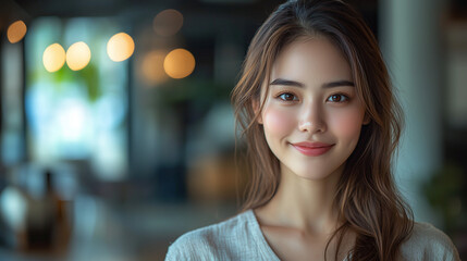 Obraz premium Close-up portrait of a young, smiling woman. A beautiful and elegant image showcasing female beauty and fashion.