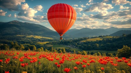 Naklejka premium Hot air balloon over poppy field, mountain valley sunrise