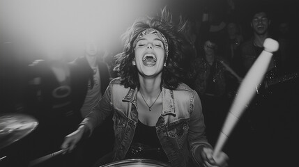 Energetic Drummer in a Live Concert: A Black and White Photo of a Passionate Female Musician Performing on Stage