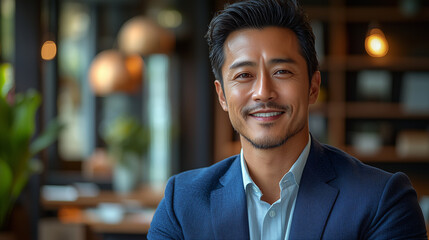 Fototapeta premium Portrait of a Confident and Successful Asian Businessman. Happy, Smiling Man in a Stylish Suit. Professional and Positive Image.