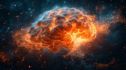 Cosmic Brain: A Fiery Fusion of Mind and Universe. An abstract digital artwork depicting a brain exploding with fiery energy against a cosmic backdrop.