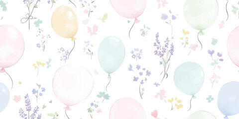 Colorful watercolor balloons pattern with flowers. Balloon pattern on white fabric background, seamless repeating pattern, textile print style, minimal, festive balloon design, celebration decor