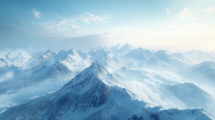Obraz premium An airplane window view looking out over a snowy mountain range, with the sun casting shadows over the peaks.