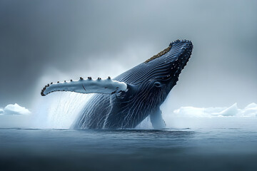 Fototapeta premium Majestic Breach: A Humpback Whale's Dance in the Icy Wilderness