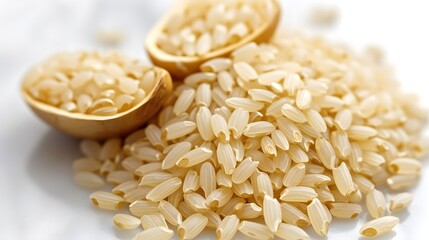 Obraz premium Close-up of Brown Rice Grains in Wooden Spoons