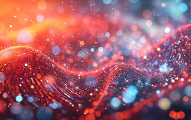 Abstract red and blue glowing wave with bokeh.