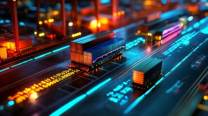 Fototapeta premium Abstract digital illustration of cargo containers moving on a circuit board, with vibrant neon lights and glowing lines. The scene depicts futuristic logistics and transportation technology.