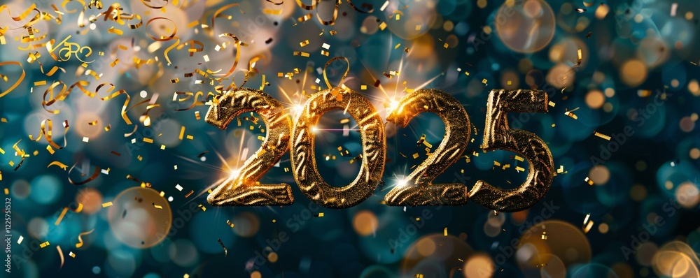 Poster 2025 golden numbers with confetti falling against a sparkling new year's eve background