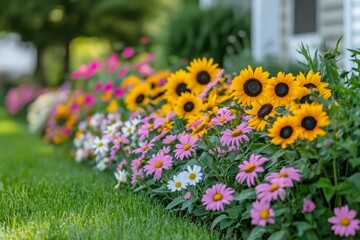 Fototapeta premium Sunflowers and daisies in a vibrant summer garden.