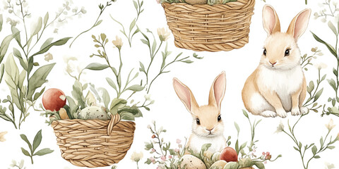 Seamless vector pattern with cute rabbits with Basket floral background. Perfect for textile, wallpaper or print design. Happy Easter. Vector seamless pattern
