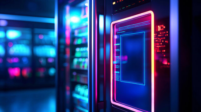 Neon lit vending machine interface, close up view. Pink and blue glowing digital display, futuristic design. Blurred background shows additional vending machines.