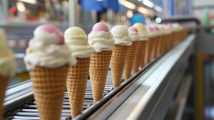 Ice cream cones on a conveyor Ice cream factory