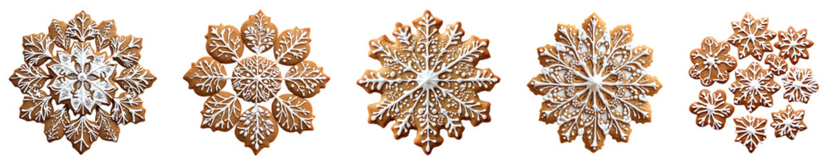 Set, Collection of gingerbread snowflakes Isolated on Transparent Background&nbsp;PNG.