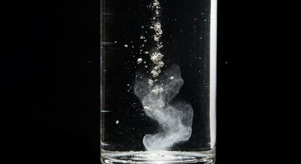 Powder dissolving in water inside a clear glass against black background