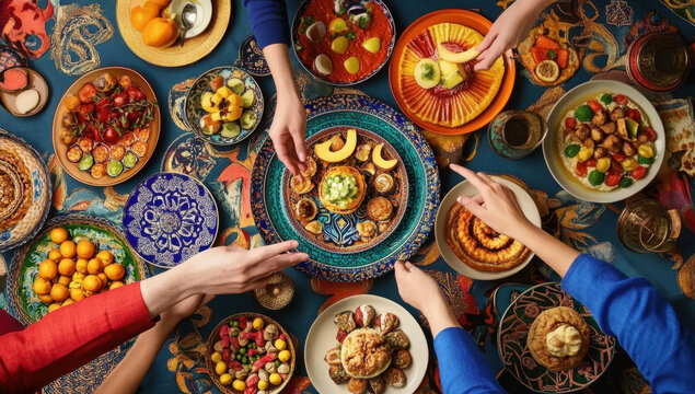 Eid holiday table. Ramadan family dinner. Breaking Fast, iftar. Arabic Middle Eastern traditional cuisine 
