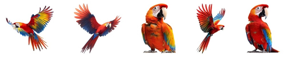 Naklejka premium Set, Collection of Scarlet macaw Isolated on Transparent Background PNG.