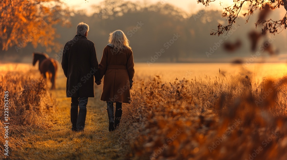 Poster two people stroll together along a path lined with autumn foliage as the sun sets, creating a warm g