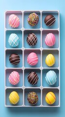 Fototapeta premium Assortment of colorful chocolate Easter eggs decorated with vibrant icing and sprinkles on tray against bright blue background. Celebrating festive joy of Easter traditions