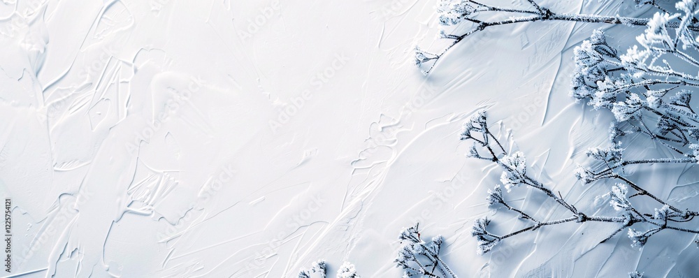 Poster snowy backdrop with frost-dusted branches on a white textured surface