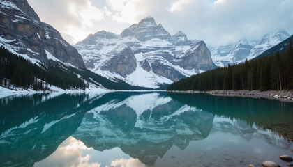 Fototapeta premium Mountain lake reflecting melting snowcaps nearby