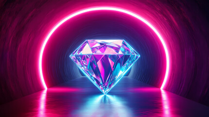 Futuristic tunnel with neon lights and diamond shape. Diamond Path. Illustration