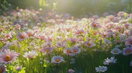 A vibrant field of daisies illuminated by soft sunlight, creating a serene and cheerful atmosphere.