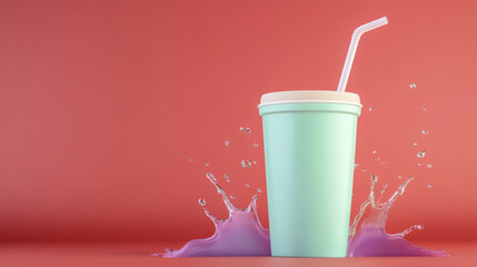 Mint green disposable cup with beige lid and white straw, surrounded by purple liquid splashes against a coral pink background. Studio shot with vibrant colors and dynamic splash effect.