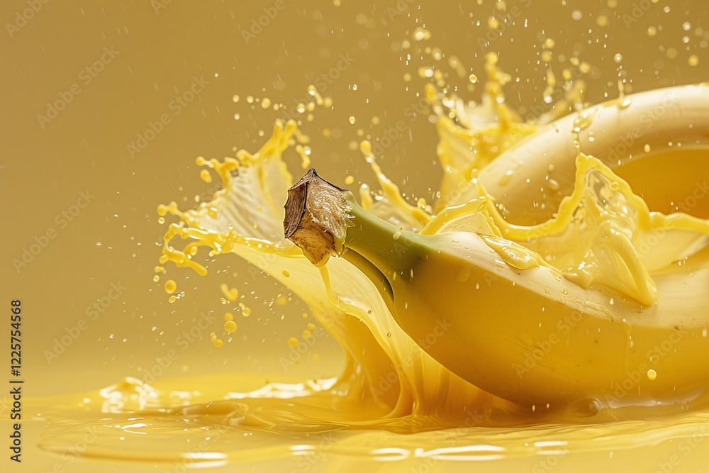 Aufkleber banana dropping into golden liquid, forming a unique abstract pattern