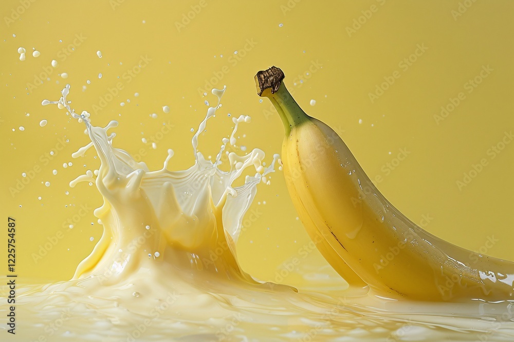 Poster Ripe yellow banana is splashing into a pool of milk, creating a dramatic splash on a yellow background