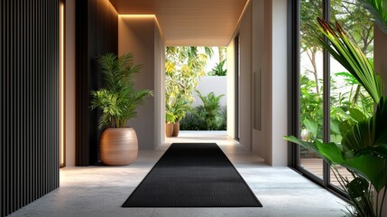 Modern hallway interior design with dark patterned rug, potted plants, and natural light illuminating the space. Neutral color palette with wooden accents and sleek lines. Tranquil atmosphere.