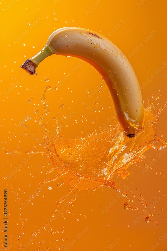Aufkleber ripe yellow banana falling into water creating a large splash on an orange background