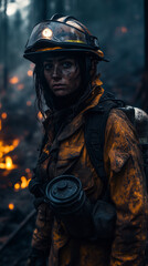Naklejka premium Female Wildland Firefighter Battling a Forest Blaze