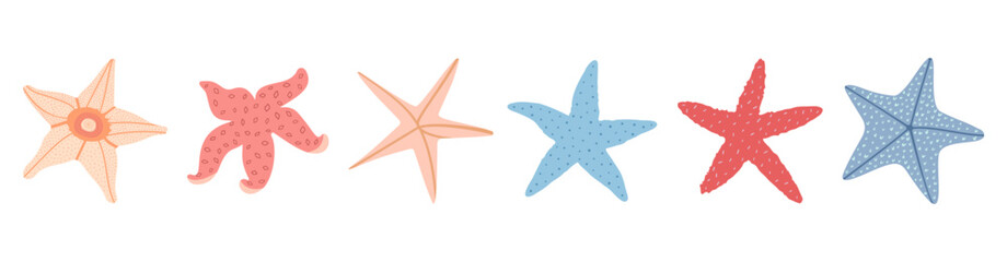 starfish set, mollusk. Trendy flat illustration of seashells collection isolated on white for stickers.