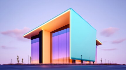 Modern architectural design, pastel teal and orange building, glass facade, twilight sky background, minimalist style, geometric lines, outdoor setting, digital rendering.