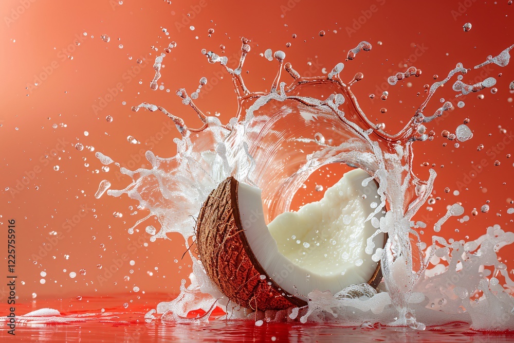 Aufkleber coconut creating a splash in water on a vibrant red backdrop
