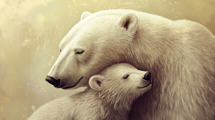 Fototapeta premium A close-up portrait of a polar bear nuzzling its cub, their fur rendered in soft pencil textures, placed on a muted beige background