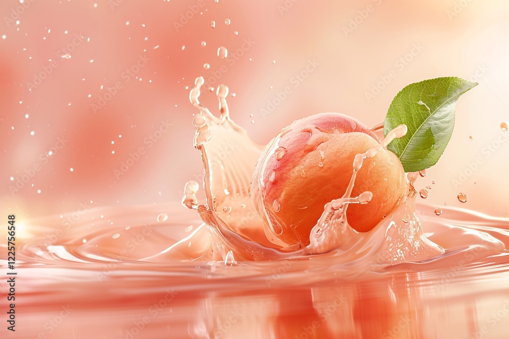 Aufkleber juicy peach with a leaf is floating in peach-colored water