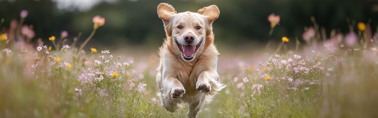 A golden retriever runs playfully through a colorful field of blooming wildflowers, its tail wagging happily in the warm sunlight of a beautiful day