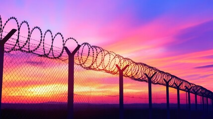 A barbed wire fence silhouetted against a vivid sunset sky, representing security and boundaries.