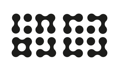 Metaball abstract icons. Connected dots signs. Integration symbol. Circles minimal pattern. Point movement layout. Connected blobs. Metaballs transition. Flat logotype set.