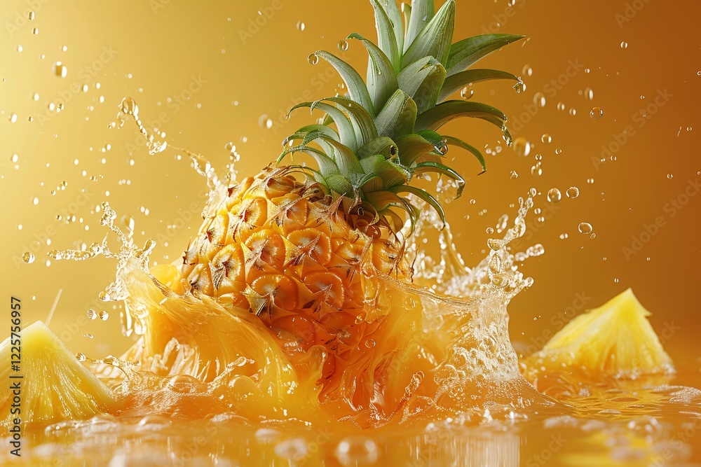 Aufkleber ripe whole pineapple splashing into refreshing juice with slices on a yellow background