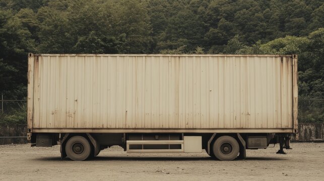 Weathered shipping container on dusty ground, forest backdrop.