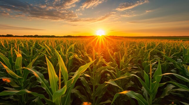 Iowa Corn Fields at Sunset - Beautiful Landscape with Sky, Grass, and Nature