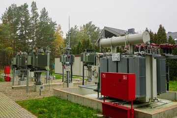 Electrical equipment in outdoor power substation, two three phase oil immersed transformers